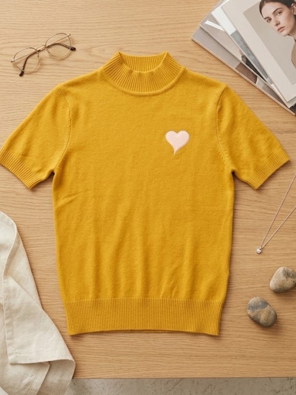 Mustard Short-Sleeve Sweater with Pink Heart Patch